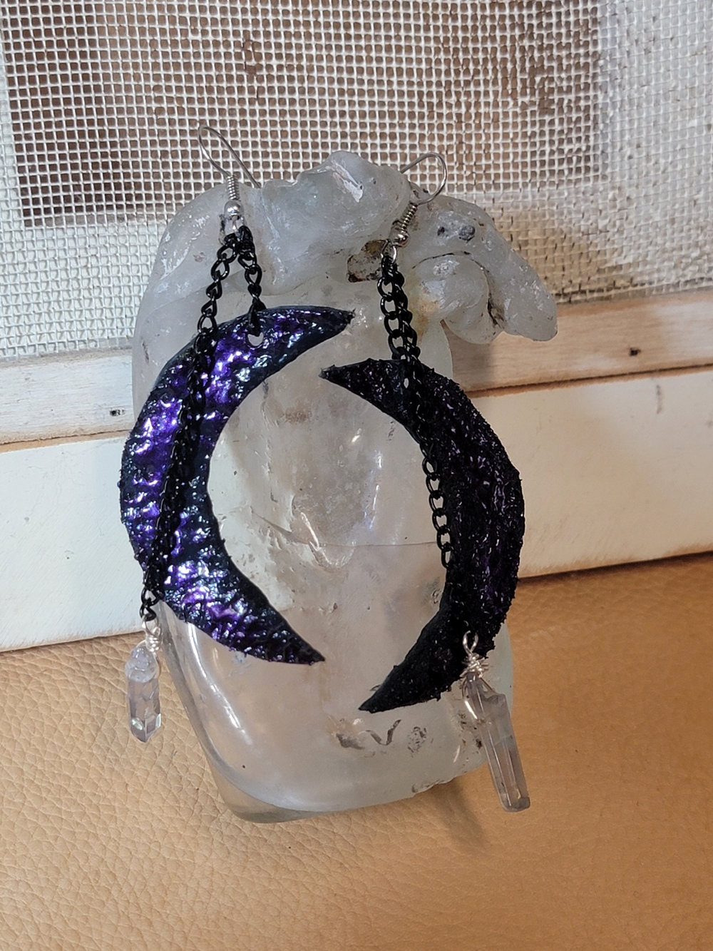Handcrafted Purple Leather Crescent Moon & Crystal Dangle Earrings